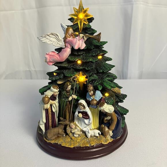 Christmas Lighted 7" Nativity Tree Holy Family Magi Angel Star Christmas Tree - Picture 1 of 13